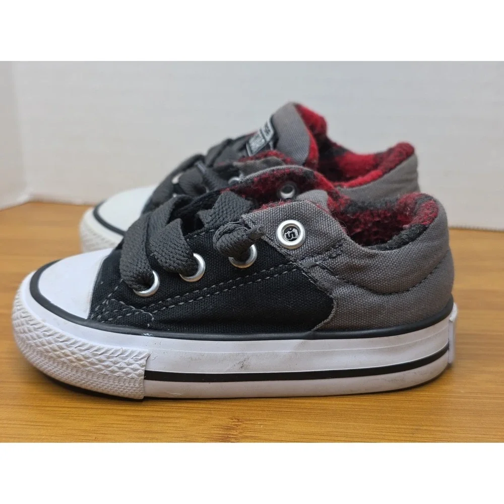 Converse All Star Low Top Toddler Shoes Black Gray Red Check Lining Size 4